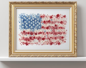 Arte com bandeira americana e flores silvestres, arte para imprimir para o 4 de julho, decoração de parede patriótica com estampa floral, impressão da bandeira com flores vermelhas, brancas e azuis, arte para o Dia da Independência.