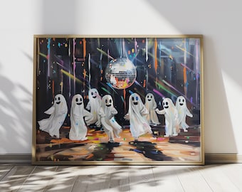 Impresión de Halloween preppy, fiesta de baile fantasma con bola de discoteca, pintura de Halloween con fantasmas, arte retro, póster de bola de discoteca, arte de pared para dormitorio