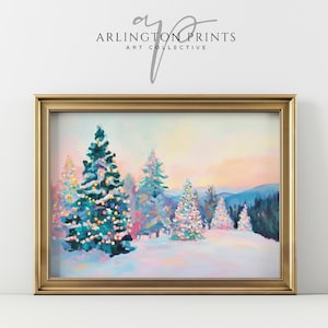 Pretty Pastel Christmas Trees Wall Art, PRINTABLE Winter Landscape Art, Girly Christmas Decor, Seasonal Holiday Decor, Pink Christmas Prints