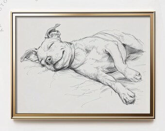 May include: A black and white pencil drawing of a dog sleeping on its side. The dog is lying on a bed with its head resting on its paws. The dog has a happy expression on its face.
