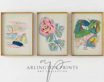 Ensemble d'affiches pastel abstraites rétro, oeuvre d'art moderniste française imprimable, décoration moderne du milieu du siècle, art mural de galerie de Style dessiné à la main