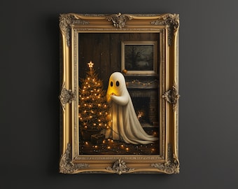 May include: A framed painting of a ghost decorating a Christmas tree with lights. The ghost is wearing a white sheet and is holding a string of lights. The tree is decorated with ornaments and lights. The painting is set in a room with a fireplace and a window.