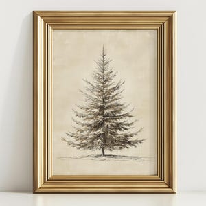 Peut inclure: Une impression encadrée représentant un dessin au crayon détaillé d'un pin. L'œuvre est dans un cadre doré, avec l'arbre centré sur un fond beige. Les aiguilles de l'arbre sont rendues dans des tons bruns et gris, créant une représentation réaliste.