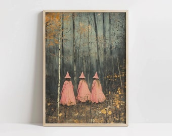 May include: Three figures in pink cloaks and pointed hats walk through a dark forest with tall trees and a light blue sky. The ground is covered in fallen leaves and branches.