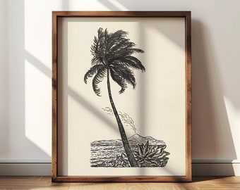 Vintage Hawaii Print, Tropical Palm Tree, Volcano, Instant Download, Modern Art Print, Wall Decor, Fine Art, Digital Print, Tree Sketch