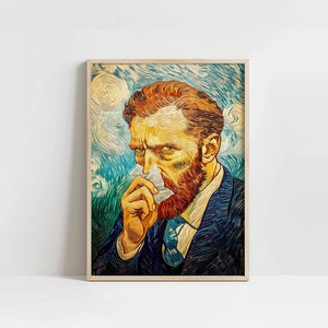 May include: A painting of a man with a beard, wearing a blue suit and a white shirt. He is holding a white tissue to his nose. The background is a swirling blue and yellow pattern.