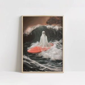 Uroczy Surfujący Duch, Preppy Halloween Wall Art, Pobieranie Cyfrowe, Wydrukowalna Sztuka Nadmorska, Duch Plaży, Wystrój Pokoju W Akademiku, Wydruk Surfer Vibes