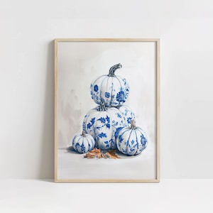 Arte de pared con calabazas florales azules vintage, decoración de Halloween imprimible, decoración de brujas femeninas, descarga instantánea, arte campestre francés, impresión chinoiserie azul