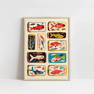 Simpatico poster di lattine di sardine, arte del pesce stampabile, lattine di sardine, stile Scandi, decorazione della parete della cucina, arte dello scaffale della cucina, stampa di frutti di mare