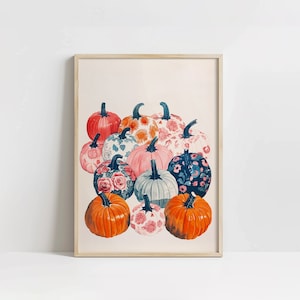 Impresión de carteles de calabazas, vibraciones de otoño, lindas calabazas florales, arte rosa de Halloween, impresión descargable, decoración de apartamentos femeninos, decoración del hogar de otoño