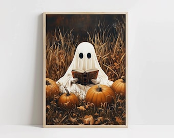Cute Ghost Reading Print, Autumn Decor, Halloween Book Painting, Printable Fall Art, Book Lover Wall Art, Digital Download, Pumpkins Print