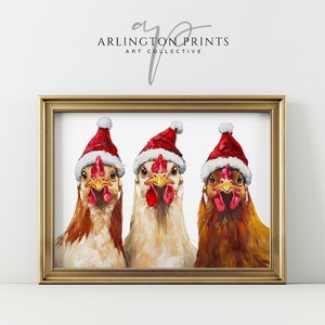 Cute Christmas Chickens Wall Art, Modern Farmhouse Print, Printable Winter Farm Painting, Winter Home Decor, Seasonal Christmas Art Print