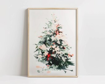 Cuadro abstracto moderno de árbol de Navidad, arte mural invernal imprimible, decoración navideña, decoración navideña de temporada, Navidad femenina de moda