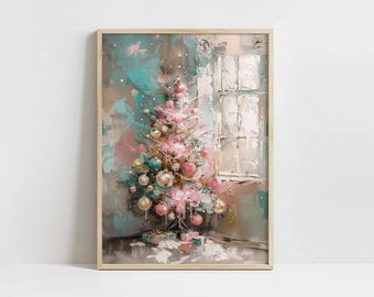 Arte mural de árbol de Navidad rosa, pintura invernal rosa imprimible, decoración navideña en tonos pastel, decoración navideña de temporada, Navidad femenina, moderna y bonita.