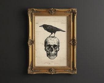 Halloween Wand Kunst Druck, Schädel und Rabe, Edgar Allen Poe, Dark Academia, digitaler Download, druckbare Wandkunst, Vogel-Dekor, Krähe Poster