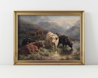 May include: A painting of a group of Highland cattle standing in a field near a stream. The cattle are brown, black, and white. The painting is set against a backdrop of rolling hills and a cloudy sky.