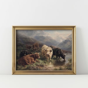 Vintage Highland Cow Painting, Scotland Print, Antique Oil Painting, Rustic Art, Instant Download, 19th Century Painting, Cow Art