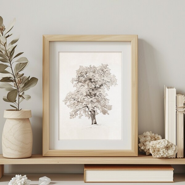 Vintage Printable Tree Art, Tree Drawing, French Country White Art, Farmhouse Style, Vintage Print, Instant Download, Minimalist Home Decor