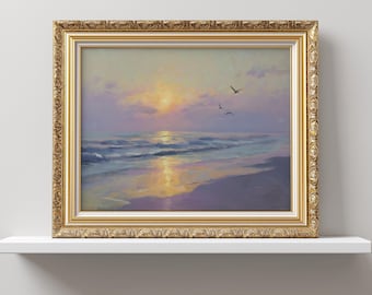Impressão de paisagem de pôr do sol costeiro em lavanda, pintura de oceano de verão para impressão, decoração de casa de praia roxa, pintura de paisagem marinha em tons pastéis suaves