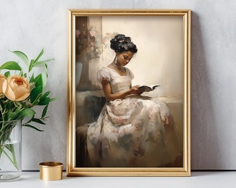 African American Art, Woman Reading, Bridgerton Inspired, Oil Painting, Digital Download, Spring Home Decor, Black Art