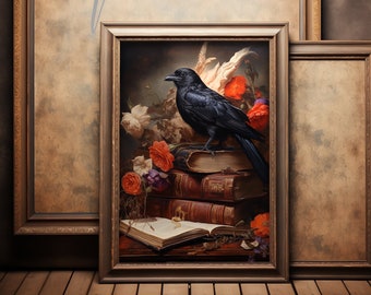 Dark Academia Art, Raven, Crow, Digital Download, Library Art, Witchy Art Print, Dark Cottage Core, Gifts for Book Lovers, Floral Art Print