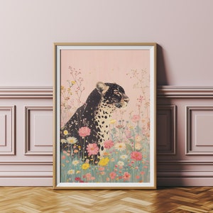 Pintura de leopardo negro con flores rosas, decoración de flores preppy, póster de gato, estampado de guepardo, estética rosa, descarga instantánea, decoración de dormitorio