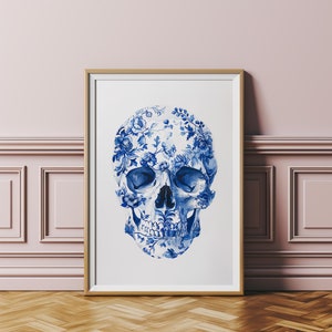 Arte de pared de Halloween con calaveras florales azules, calaveras de flores imprimibles, decoración preppy femenina, descarga instantánea, arte campestre francés, impresión chinoiserie