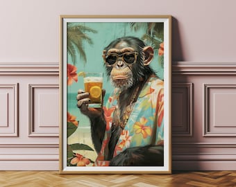 Funny Monkey Wall Art, Trendy Bar Cart Art, Cocktail Print, Preppy Kitchen Wall Art, Animal Painting, Instant Download, Tropical Beach Vibes