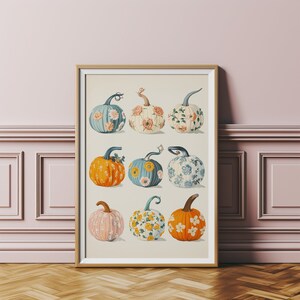 Süßer Kürbisse Posterdruck, Herbst Vibes, Florale Kürbisse, süße Halloween Kunst, herunterladbarer Druck, Girly Wohnung Dekor, Herbst Wohnkultur