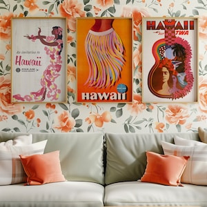 Juego de carteles de viajes vintage, Hawái, arte de pared de verano, descarga digital, impresión de póster, decoración del hogar, colorido, impresiones modernas de mediados de siglo