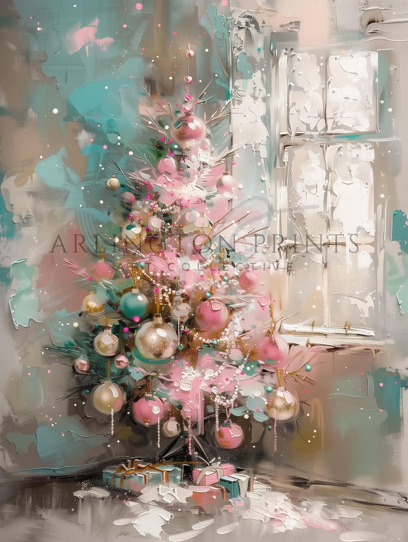 Pink Christmas Tree Wall Art, Printable Pink Winter Painting, Pastel Holiday Decor, Seasonal Christmas Decor, Cute Trendy Girly Christmas image 5