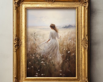 Vintage Painting, Wildflower Field, Cottagecore, Farmhouse Art Print, Oil Painting, Digital Download, Spring Home Decor