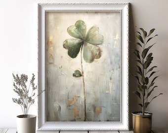 St. Patrick&#39;s Day, Vintage Clover Art, Green Shamrock, Oil Painting, Green Home Decor, Farmhouse Painting, Irish Art, Rustic Wall Art