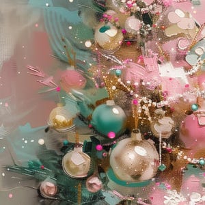 May include: A close-up of a Christmas tree decorated with pink, green, and gold ornaments. The ornaments are arranged in a random pattern and are surrounded by a white, sparkly background.