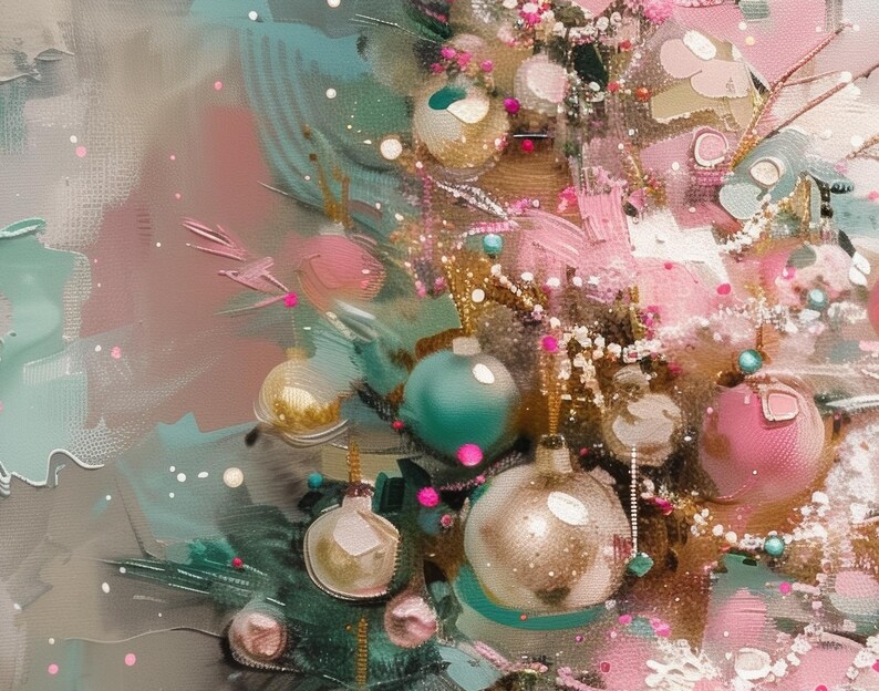 May include: A close-up of a Christmas tree decorated with pink, green, and gold ornaments. The ornaments are arranged in a random pattern and are surrounded by a white, sparkly background.