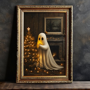 Christmas Halloween Art, Cute Ghost, Christmas Tree, Digital Download, Cottagecore, Haunted House Painting, Cute Sheet Ghost, Home Decor, Christmas Decorations, Ghost Decorating the Tree, Adorable Winter Wall Art, Rustic Cottage Print, Vintage Vibes