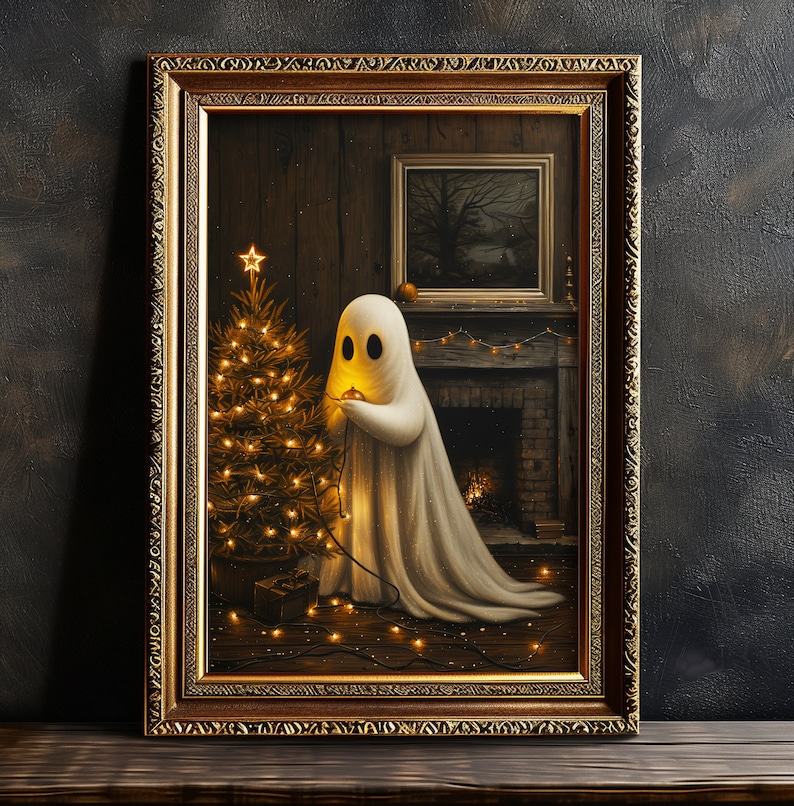 Christmas Halloween Art, Cute Ghost, Christmas Tree, Digital Download, Cottagecore, Haunted House Painting, Cute Sheet Ghost, Home Decor, Christmas Decorations, Ghost Decorating the Tree, Adorable Winter Wall Art, Rustic Cottage Print, Vintage Vibes