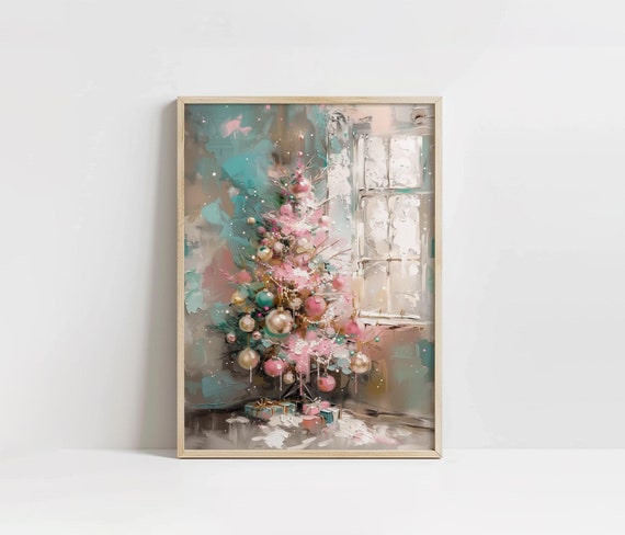 Pink Christmas Tree Wall Art, Printable Pink Winter Painting, Pastel Holiday Decor, Seasonal Christmas Decor, Cute Trendy Girly Christmas