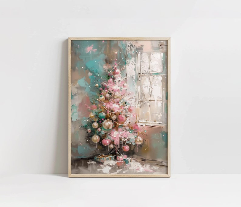 Pink Christmas Tree Wall Art, Printable Pink Winter Painting, Pastel Holiday Decor, Seasonal Christmas Decor, Cute Trendy Girly Christmas, Digital Download, Christmas Tree Oil Painting, Festive Home Decor, Pink Dorm Room Wall Art, Blue and Pink
