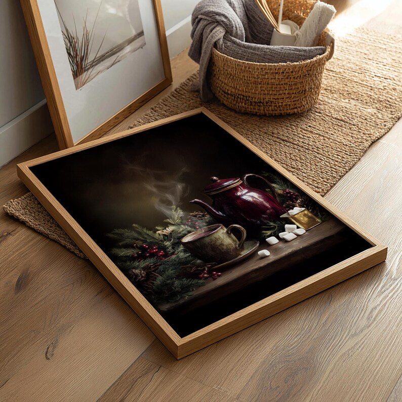 Vintage Christmas still life painting of a steaming cup of cocoa beside a red teapot, surrounded by pine, berries, and marshmallows, cozy rustic holiday kitchen art, printable winter drink wall decor, © Arlington Prints