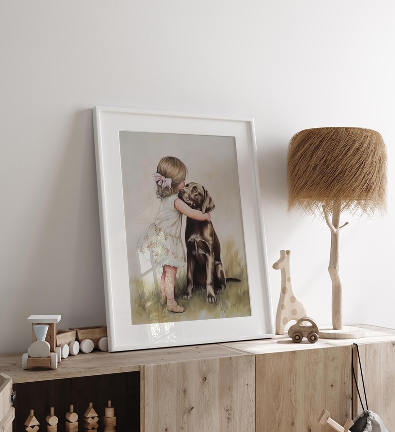 Stampabile per cameretta di bambina con cane, Labrador cioccolato e bambina con fiocco rosa, decorazione da parete Coquette, download per cameretta, SD-901 immagine 7