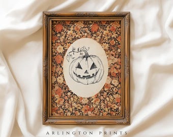 Halloween-Kürbis-Skizzendruck, Vintage-Wandbild mit Blumenmuster für den Herbst, rustikale Halloween-Dekoration, Cottagecore-Kürbislaterne 10-202
