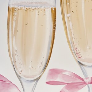 Two elegant champagne glasses filled with bubbly golden champagne, each tied with a soft pink satin ribbon, minimal neutral background, romantic celebration artwork