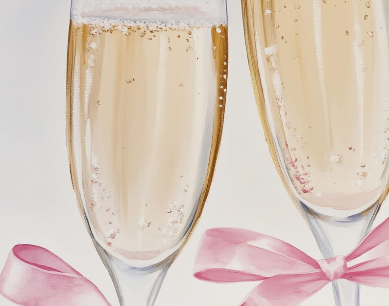 Two elegant champagne glasses filled with bubbly golden champagne, each tied with a soft pink satin ribbon, minimal neutral background, romantic celebration artwork