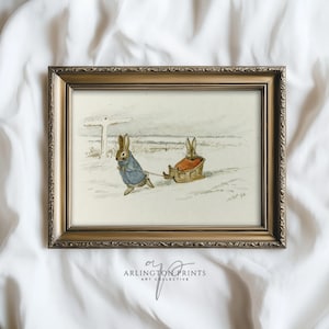 Vintage Bunny Nursery Print, Antique Winter Rabbit Wall Art, Neutral Kids Room Decor, Storybook Animal Artwork A945