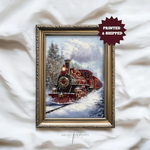 Geposte print, kerst Polar Express-trein, antiek winterschilderij, vintage treinkunst, nostalgische stoomlocomotiefscène, decor vakantie
