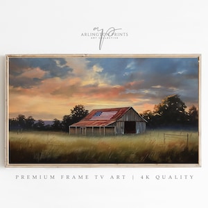 Samsung Frame TV Art, Rustic American Flag Barn, Patriotic Vintage Farmhouse Decor, Country Sunset Landscape TV Screensaver | SB-45