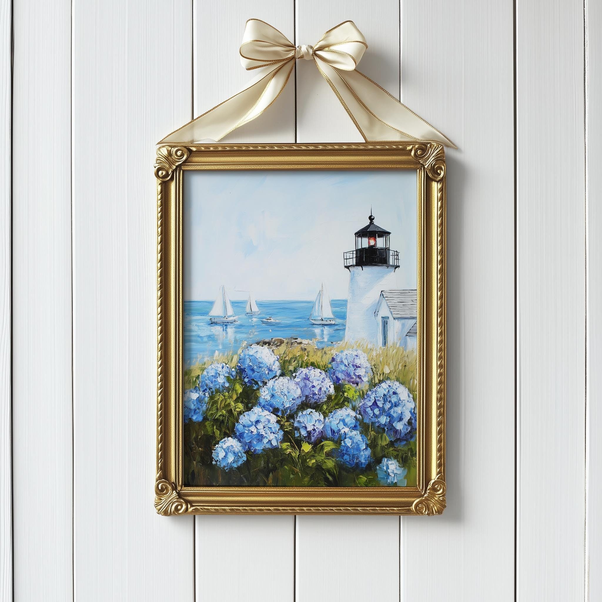 Coastal Lighthouse Print, PRINTABLE Blue Hydrangeas Painting, Vintage Cape Cod Art, Beach House Decor, Charming Blue Ocean Landscape