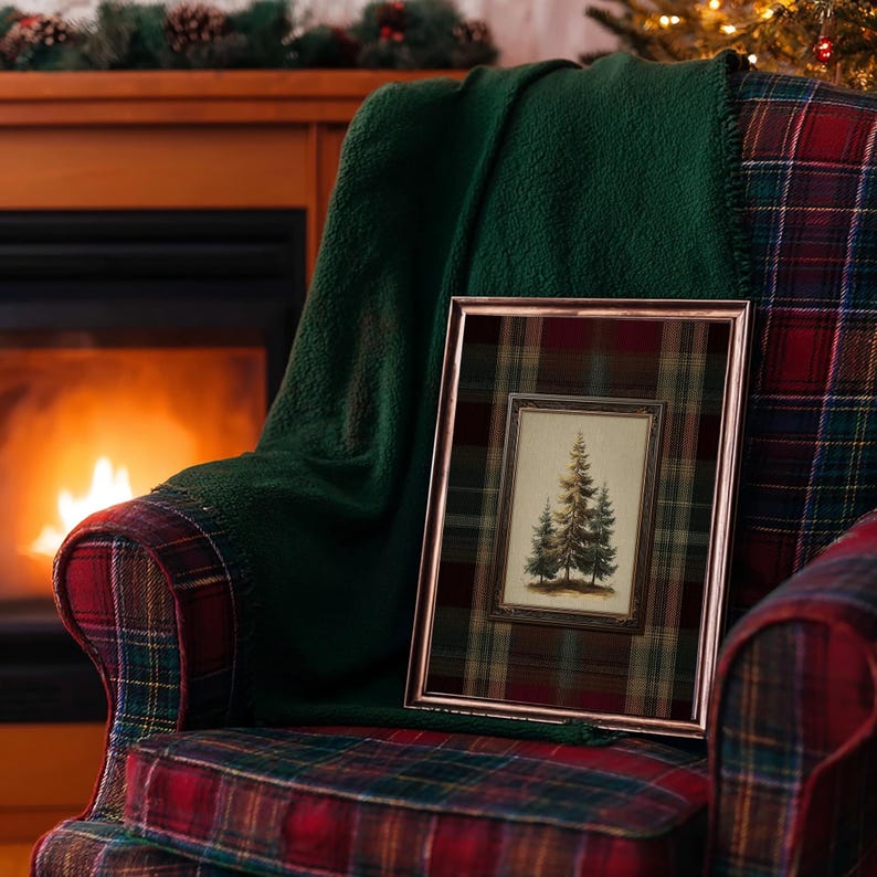 Vintage pine tree painting surrounded by a red, green, and gold tartan plaid border, rustic Christmas wall art for lodge or farmhouse holiday decor.