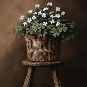 Moody Cottage Shamrock Basket Print, PRINTABLE St. Patrick's Day Art, Green Irish Decor, Lucky Clover Wall Art, Country Cottage Home Decor, Little White Flowers, Muted Spring, Green and Brown, Digital Download Art, Moody Rustic Saint Patricks Art